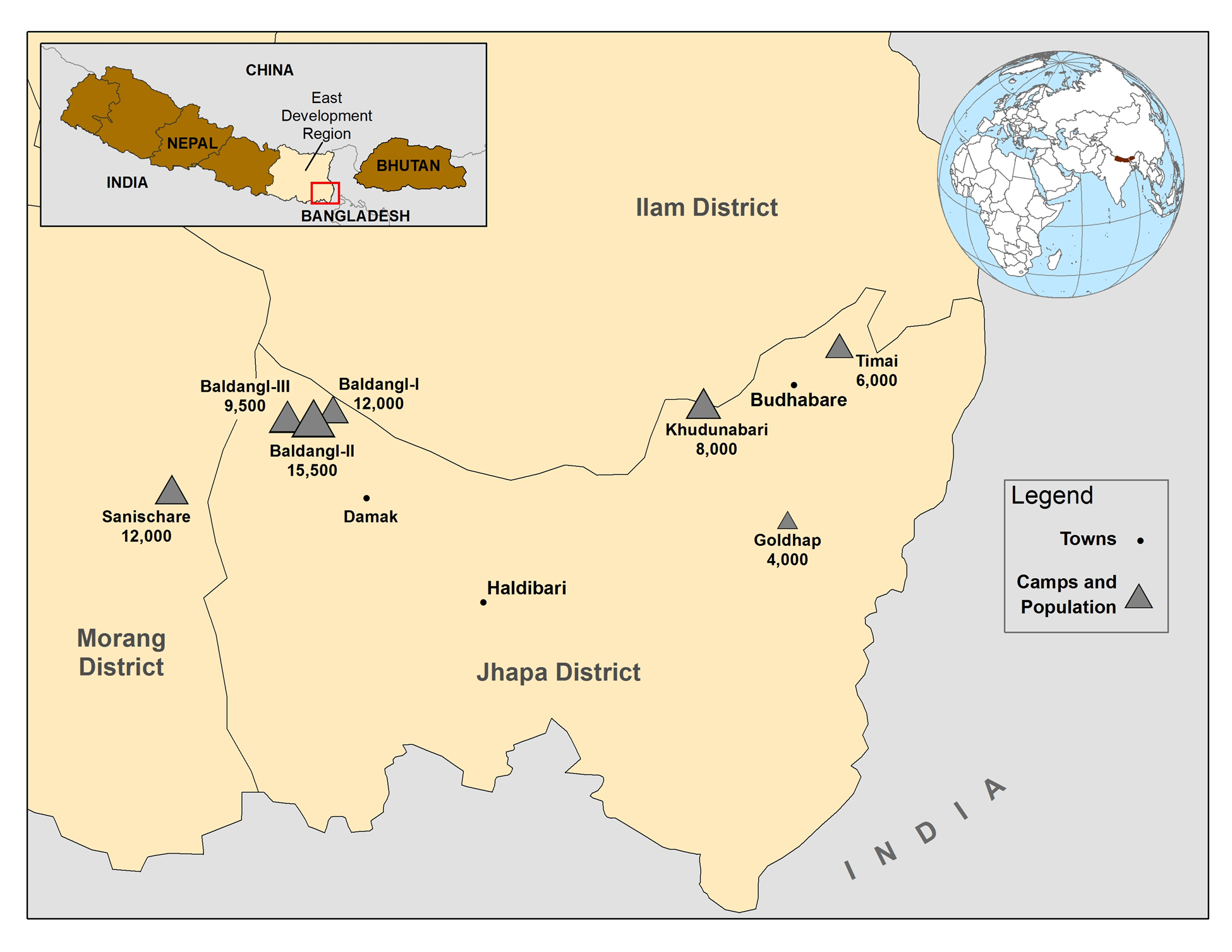 Location and size of Bhutanese refugee camps in Nepal