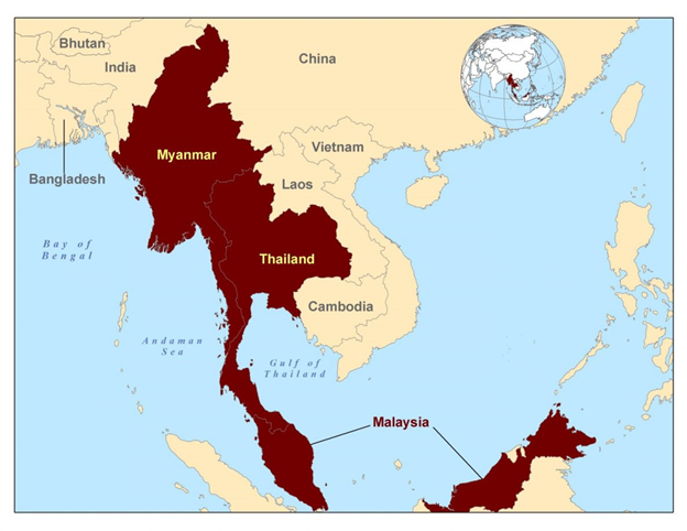 Map of Myanmar, Thailand, and Malaysia