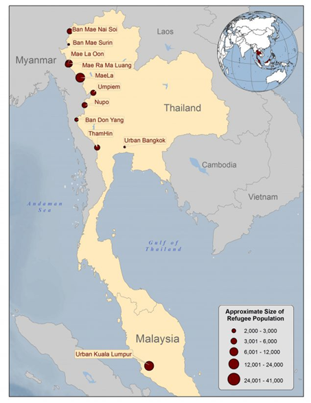 Location and size of Burmese refugee camps in Thailand (December, 2013)