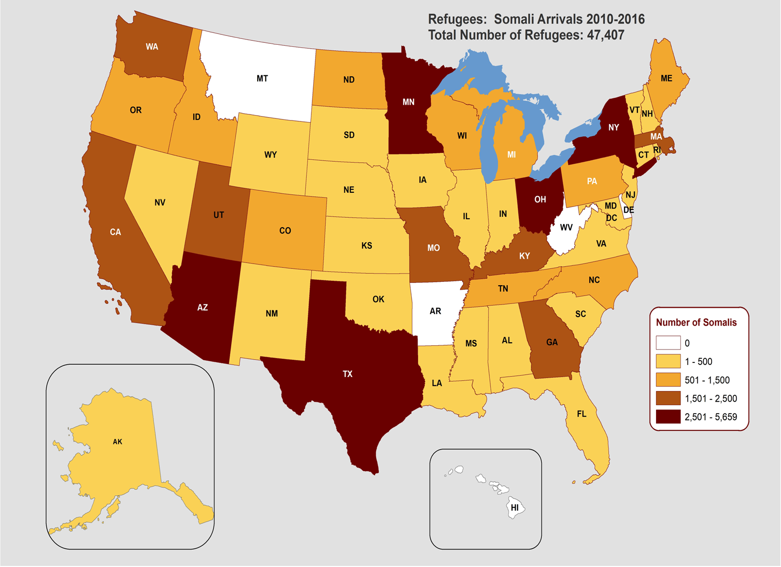 States of Primary Resettlement for Somali Refugees, FY 2010–2016