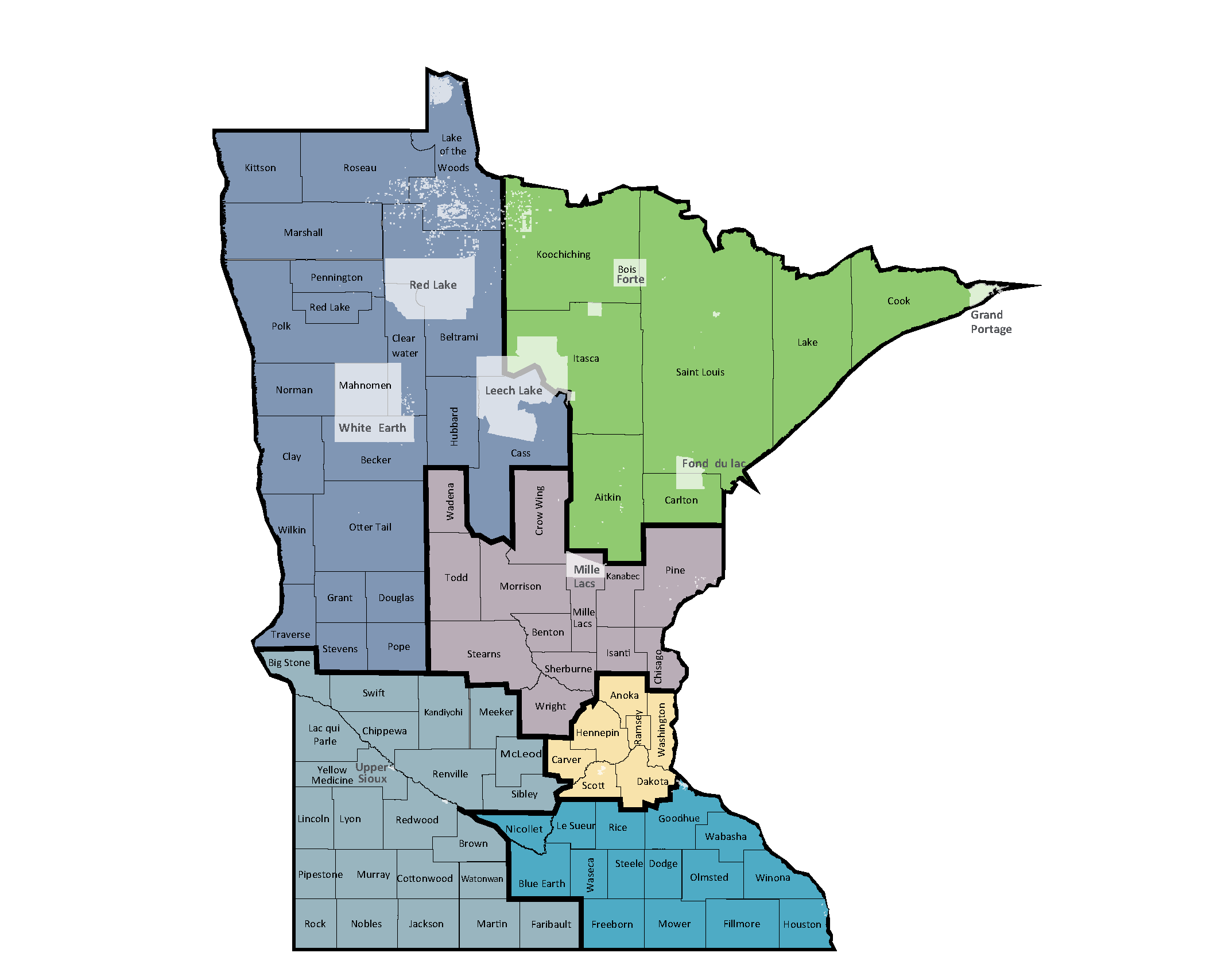Map of Minnesota showing the county borders. Emergency Preparedness regions are different colors and tribes are white.