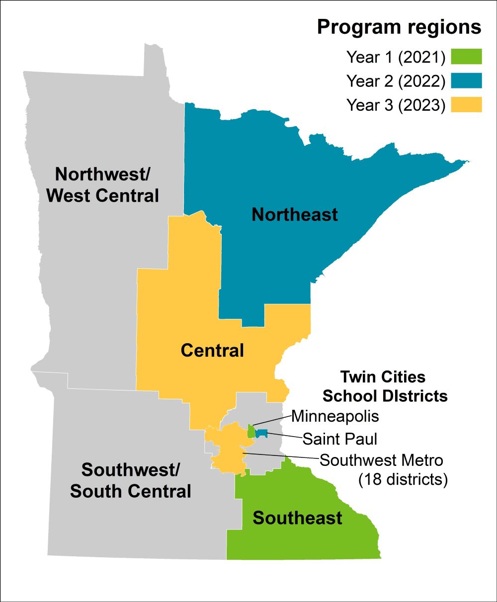 Healthy Kids program regions: Year 1 (2021) Minneapolis, Southeast MN; Year 2 (2022) Saint Paul, Northeast MN; Year 3 (2023) Central MN