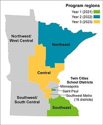 Map of Minnesota showing program regions for years one, two, three