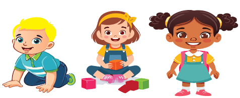 a child crawling, a child playing with block and another child with a backpack on