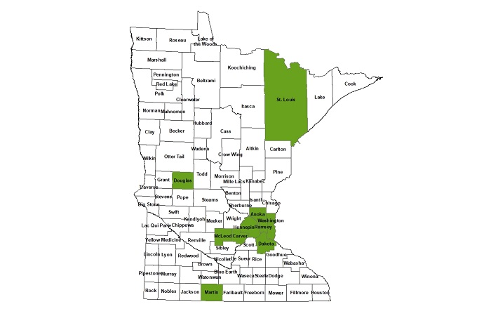 MN map with 10 counties highlighted: Twin Cities plus St. Louis, McLeod, Martin, Douglas