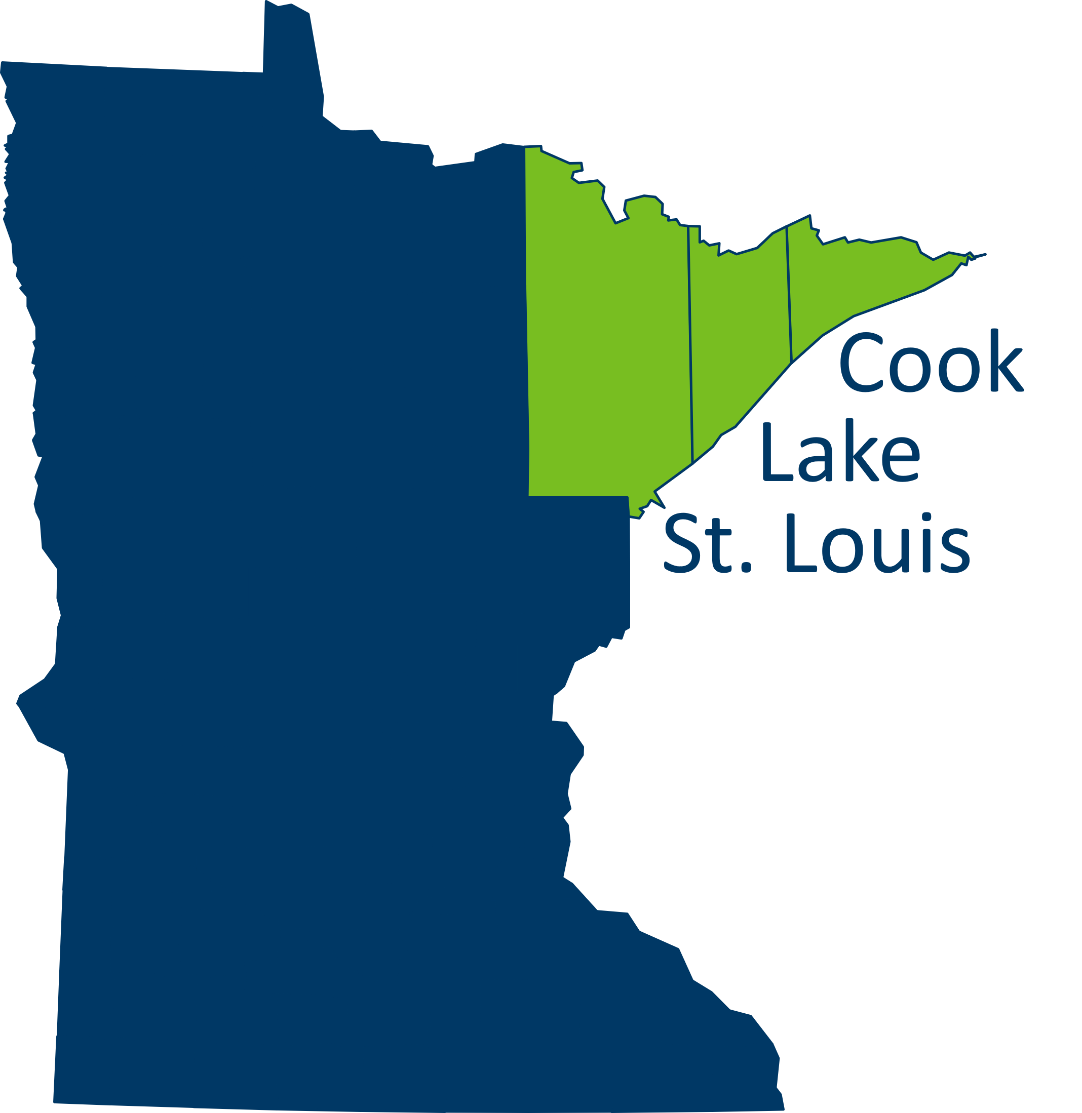 A blue map of Minnesota with the northeastern counties of Cook, Lake, and St. Louis highlighted in green.