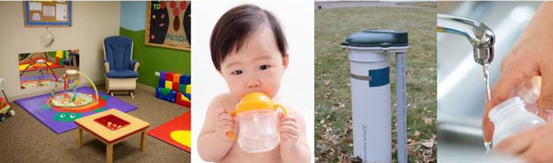 Picture of a childcare center, a baby drinking from a bottle, a water treatment device in a yard, and a running faucet with a water testing bottle below it.