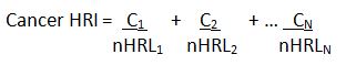 This equation is used to calculate the cancer health risk index for mixtures of chemicals for specific time duration, such as short-term. For each chemical, the concentration of the chemical detected in the water is divided by the cancer health risk limit for that chemical. If C1 is the concentration of the first chemical in the water in micrograms per liter, and nHRL1 is the cancer health risk limit for the first chemical in micrograms per liter, C1 is divided by nHRL1.  This step is repeated for each chemical in the mixture.  All of the results (quotients) are added to determine the cancer health risk index for the mixture of chemicals for that specific time duration.