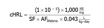 The cancer Health Risk Limit is equal to one times ten to the negative 5th times one thousand micrograms per milligram all divided by open parentheses the slope factor times the chemical-specific lifelime adjustment factor  times 0.043 liters per kilogram per day.