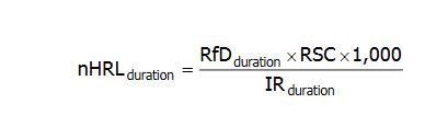 The non-cancer Health Risk Limit of a certain time duration is eqaul to the Reference Dose at the duration times the Relative Source Contribution times 1000 divided by the water Intake Rate at that duration