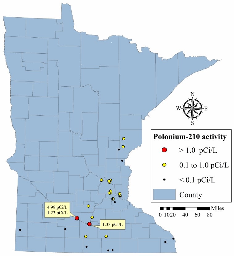 map of Minnesota showing Polonium-210 activity
