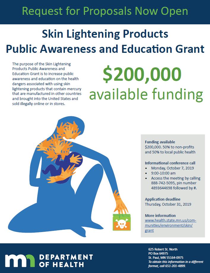poster announcing the skin lightening products public awareness and education grant is open for request for proposals