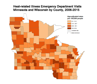 Heat-related illness ED visits, Minnesota and Wisconsin by county, 2006-2015