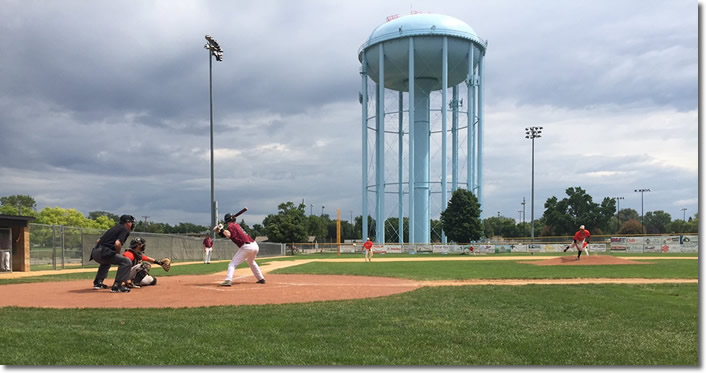 Baseball beneath water tower in Bloomington