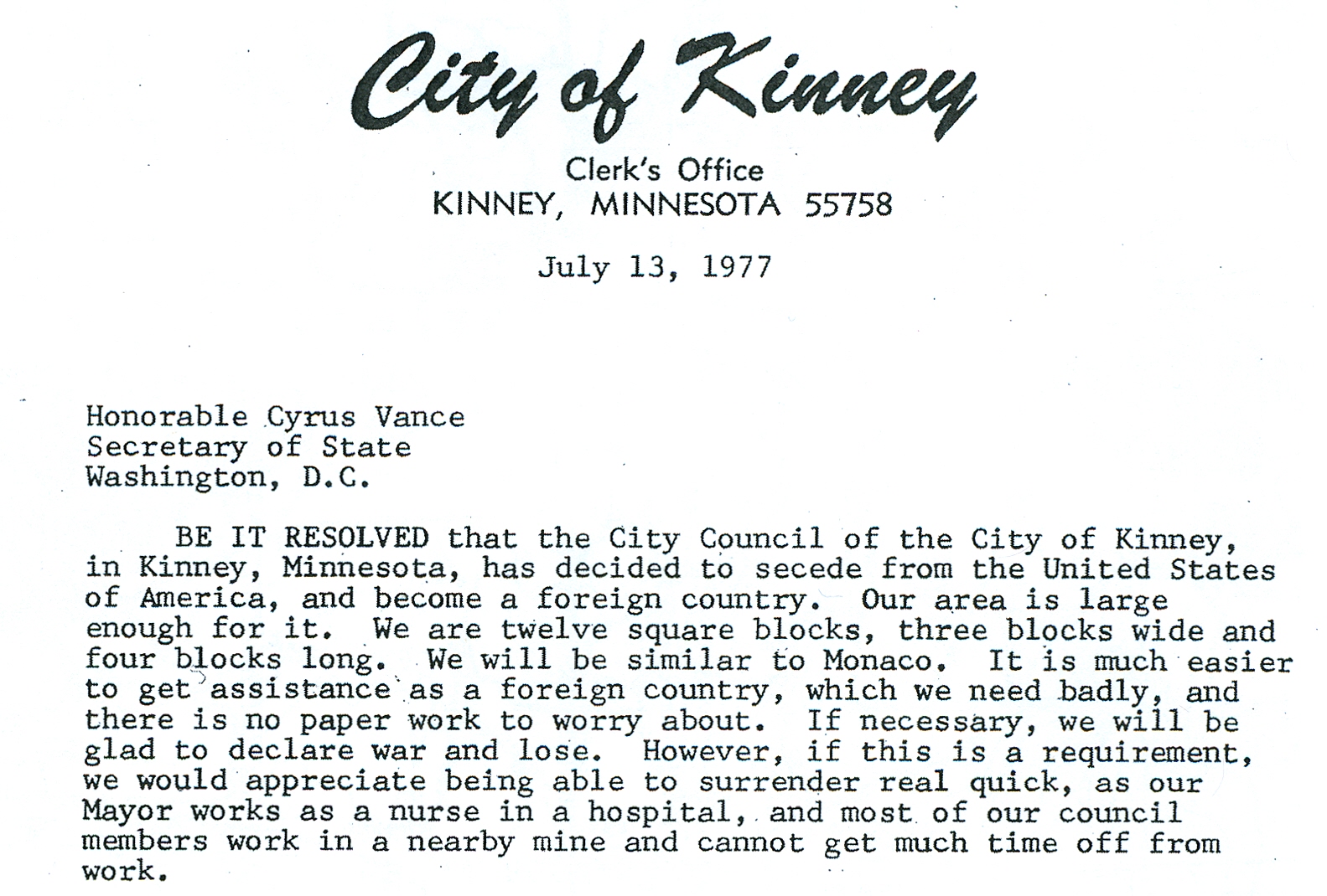 1977 proclamation of secession from Kinney