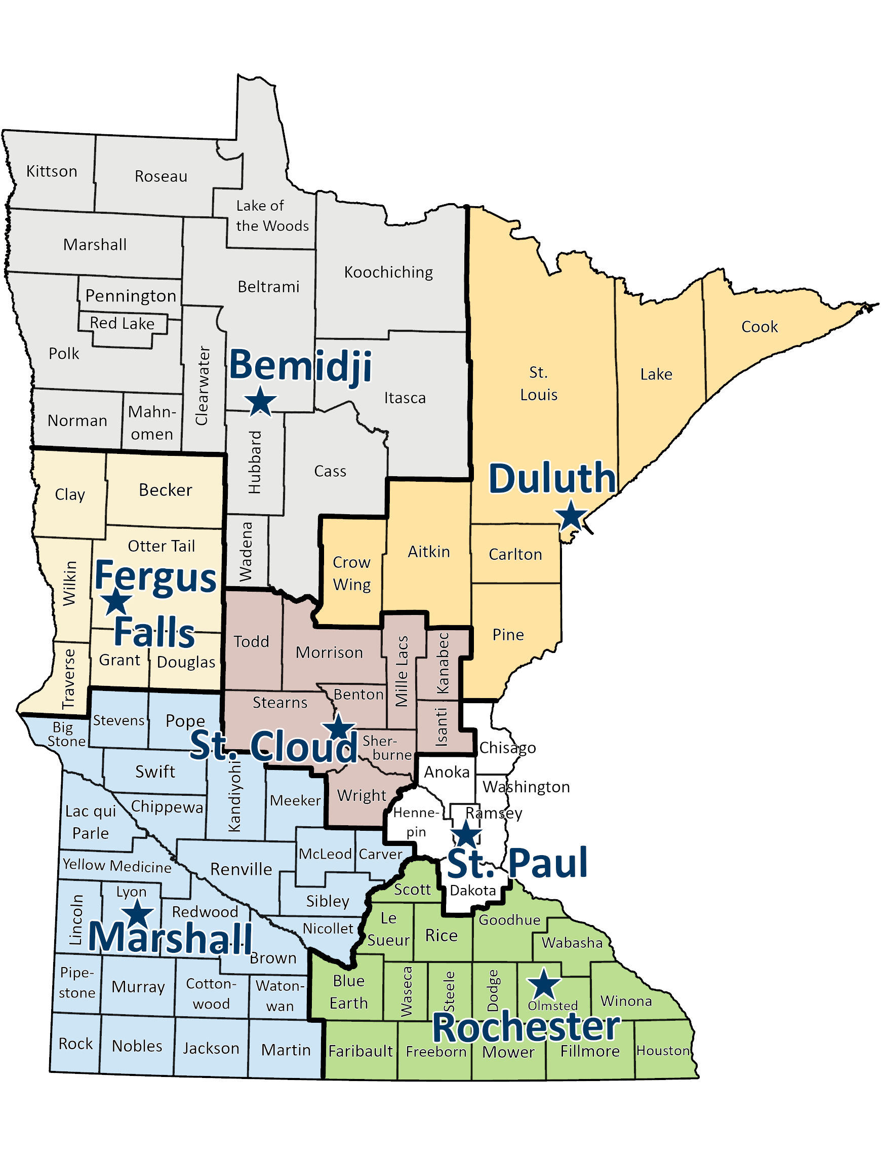 Visual Minnesota state map for the Well Management Section district office boundaries as described below.