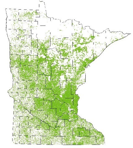 Each green dot is where there is a known drinking water well (2018).
