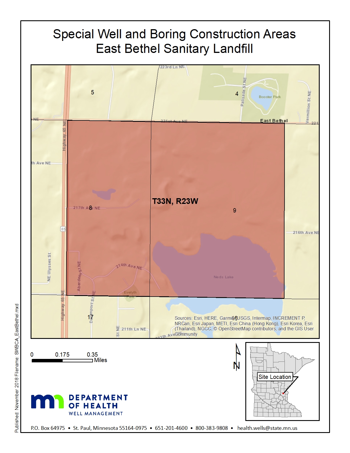Map showing the special well and boring construction area for the East Bethel Sanitary Landfill area. See boundaries listed above.