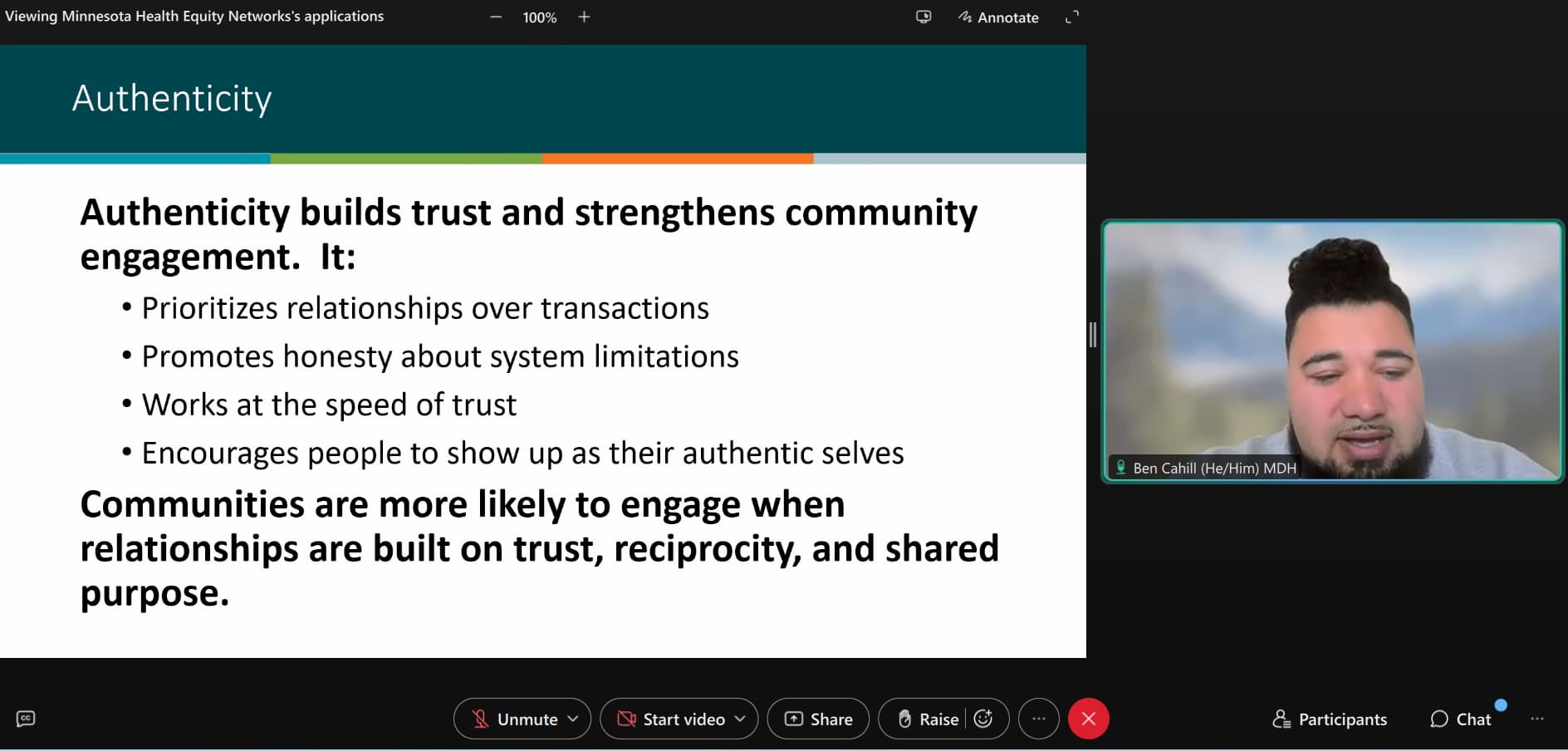 A video conference screen showing a presentation slide about authenticity with speaker Ben Cahill in the bottom right.
