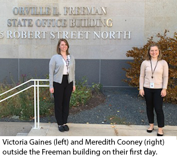 Meredith Cooney and Victoria Gaines outside the MDH Freeman building