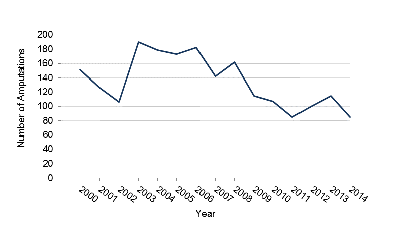 Number of amputation cases reported to workers' compensation between 2000 and 2014 in Minnesota, data shown in table above