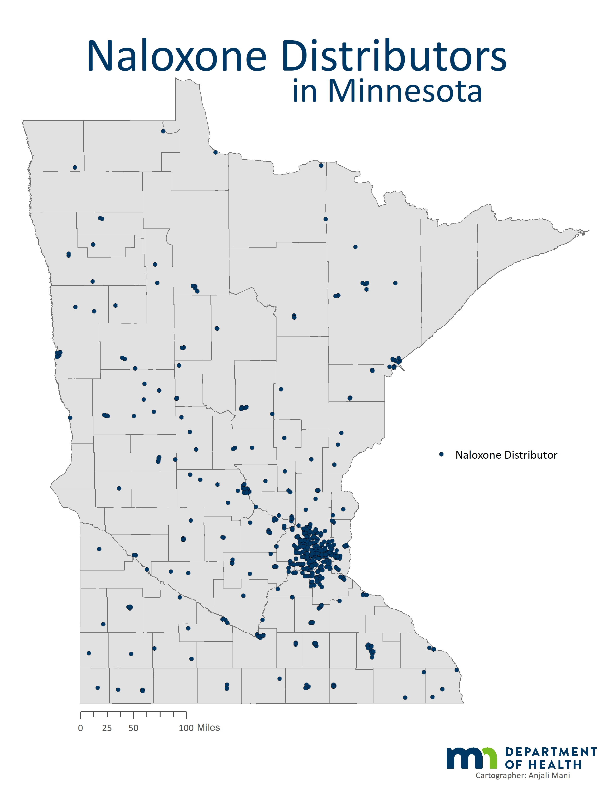 Map of naloxone distributors in MN. See PDF link below map for full list of pharmacies distributing naloxone.