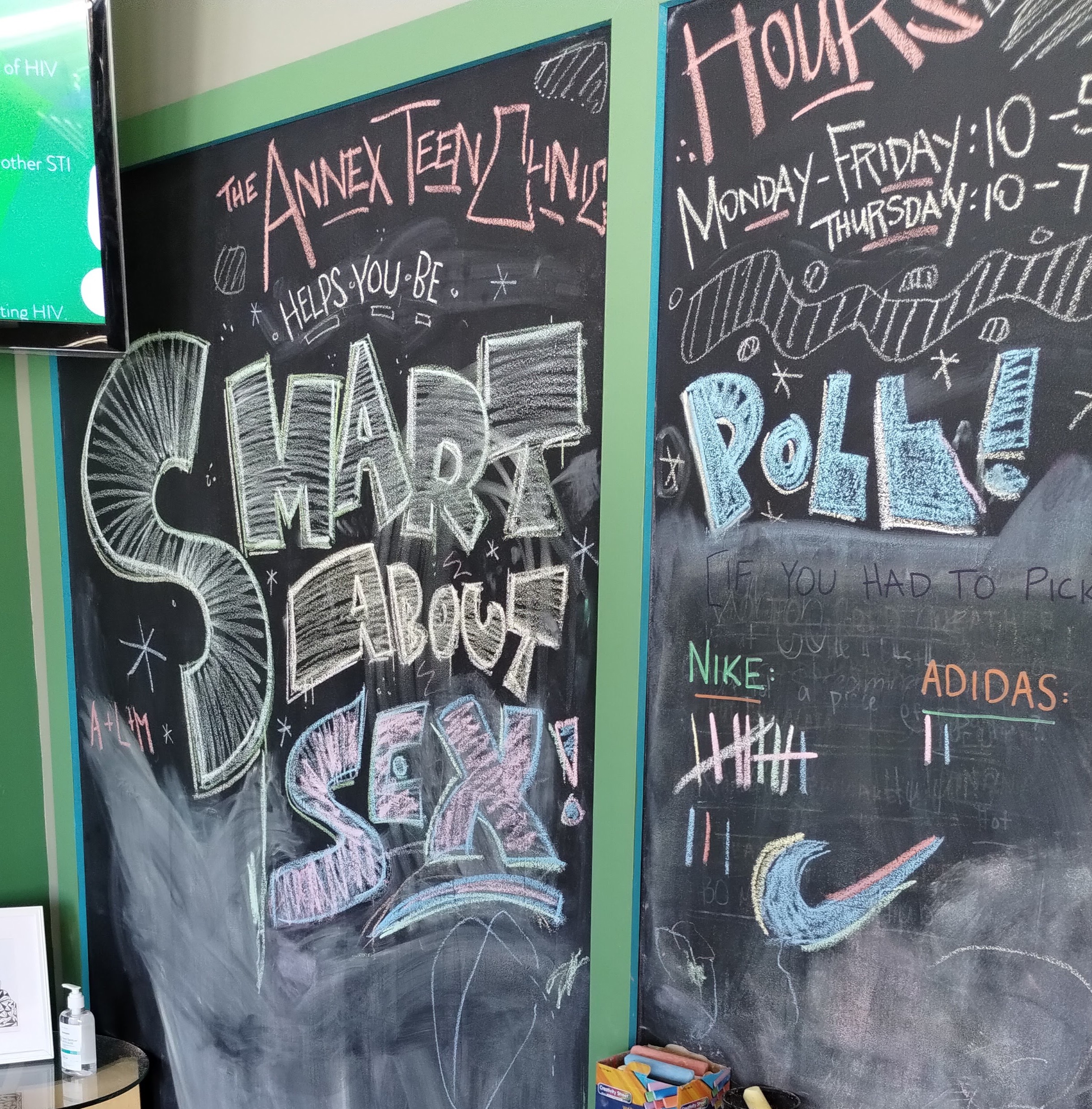 Photo of chalkboard in Annex Teen Clinic lobby