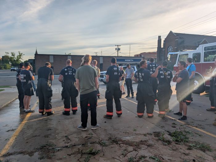 First responders gather at the Bemidji fire station at about 6:15 a.m. on June 21, to start planning the initial response to the derecho that had swept through town six hours earlier. 