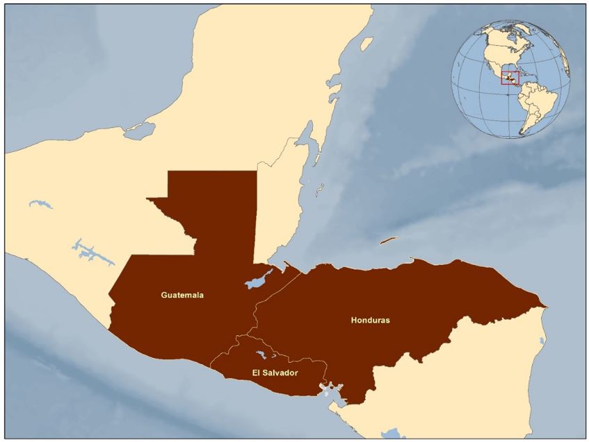 Map of El Salvador, Guatemala, and Honduras