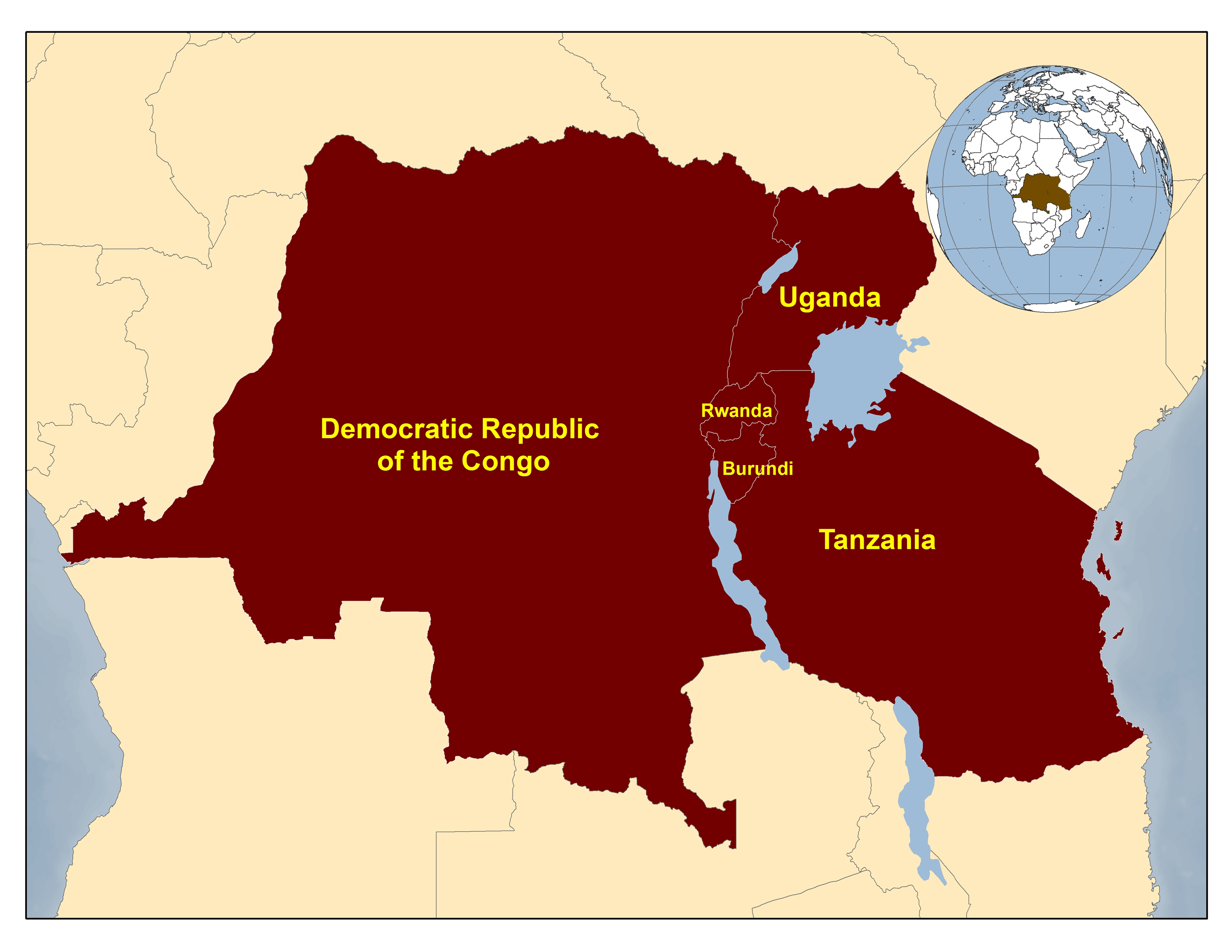 Map of the Democratic Republic of Congo, Burundi, Rwanda, Tanzania, and Uganda
