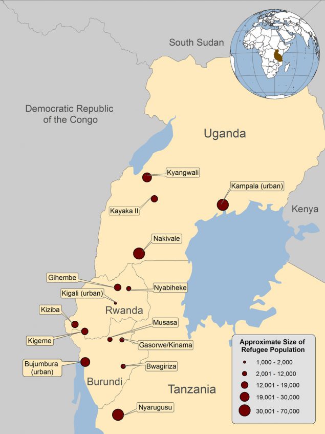 Location and size of major refugee populations in Burundi, Rwanda, Tanzania, and Uganda, 2013