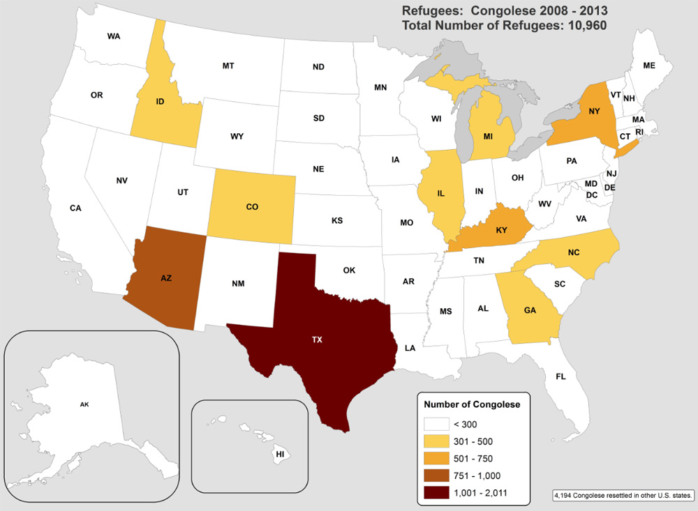 Top 10 US states of primary resettlement for Congolese refugees, 2008–2019