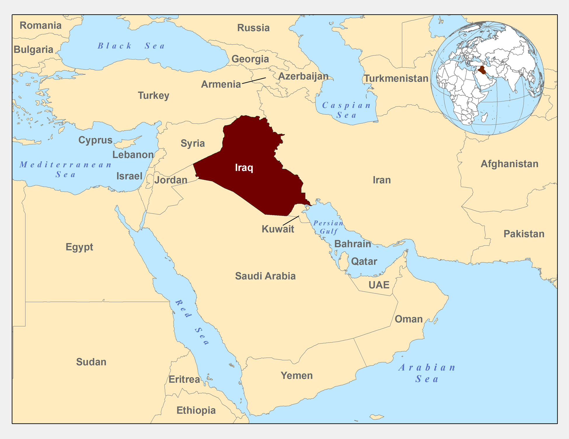 Map of middle east with Iraq highlighted