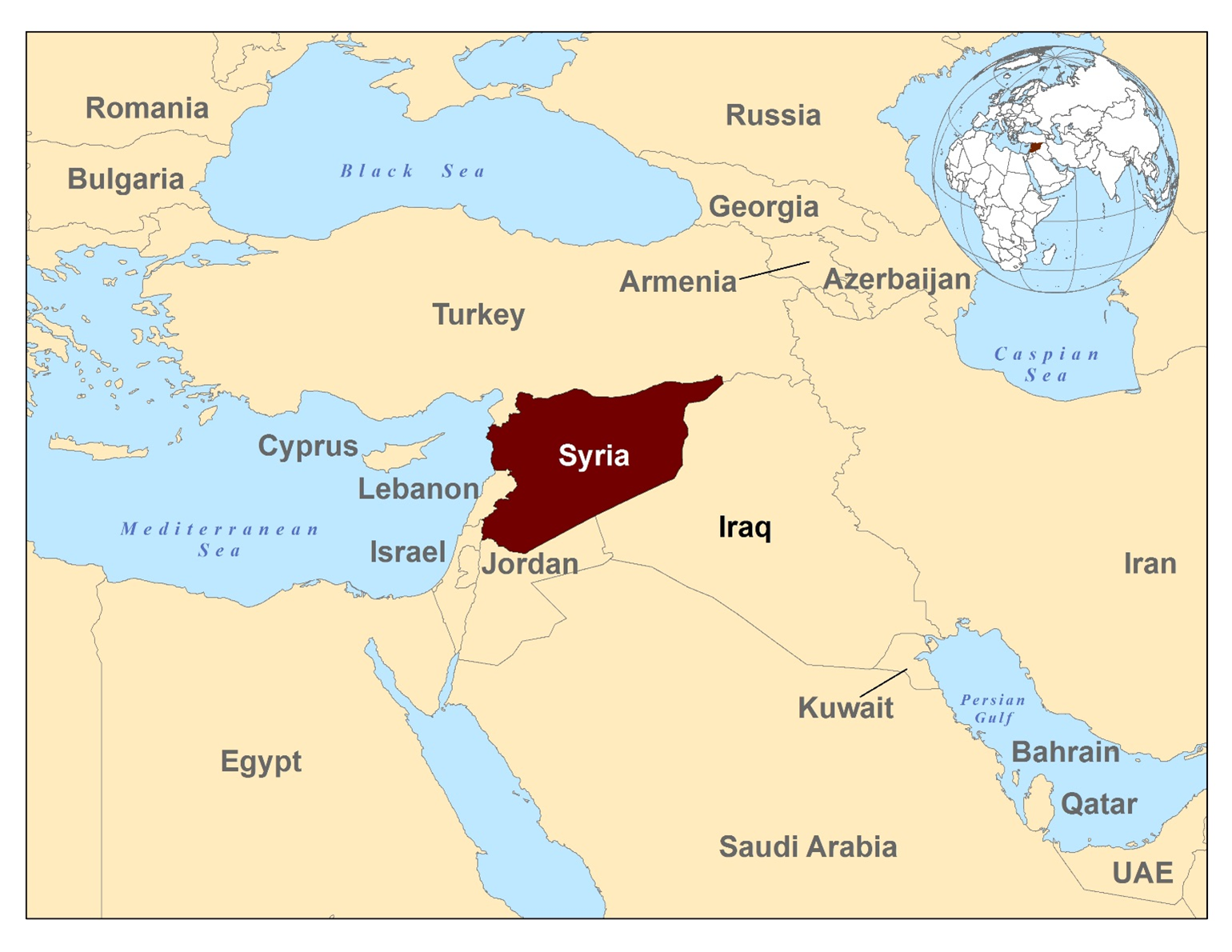 Map of middle east with Syria highlighted