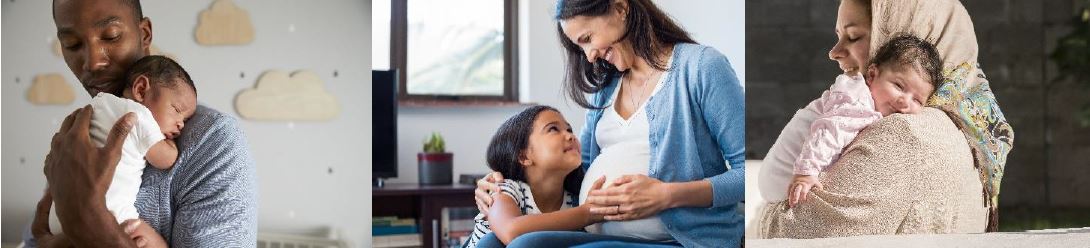 Three images of mothers, pregnant women and a child holding mom's pregnant belly.