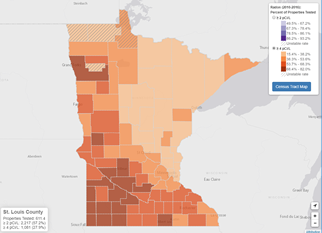 Map of Minnesota counties stating radon levels are 3 times higher than national average