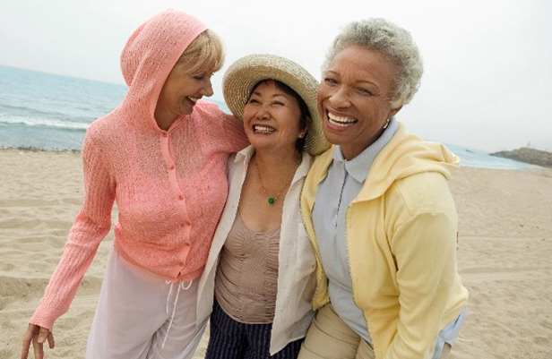 Three women walking on a beach