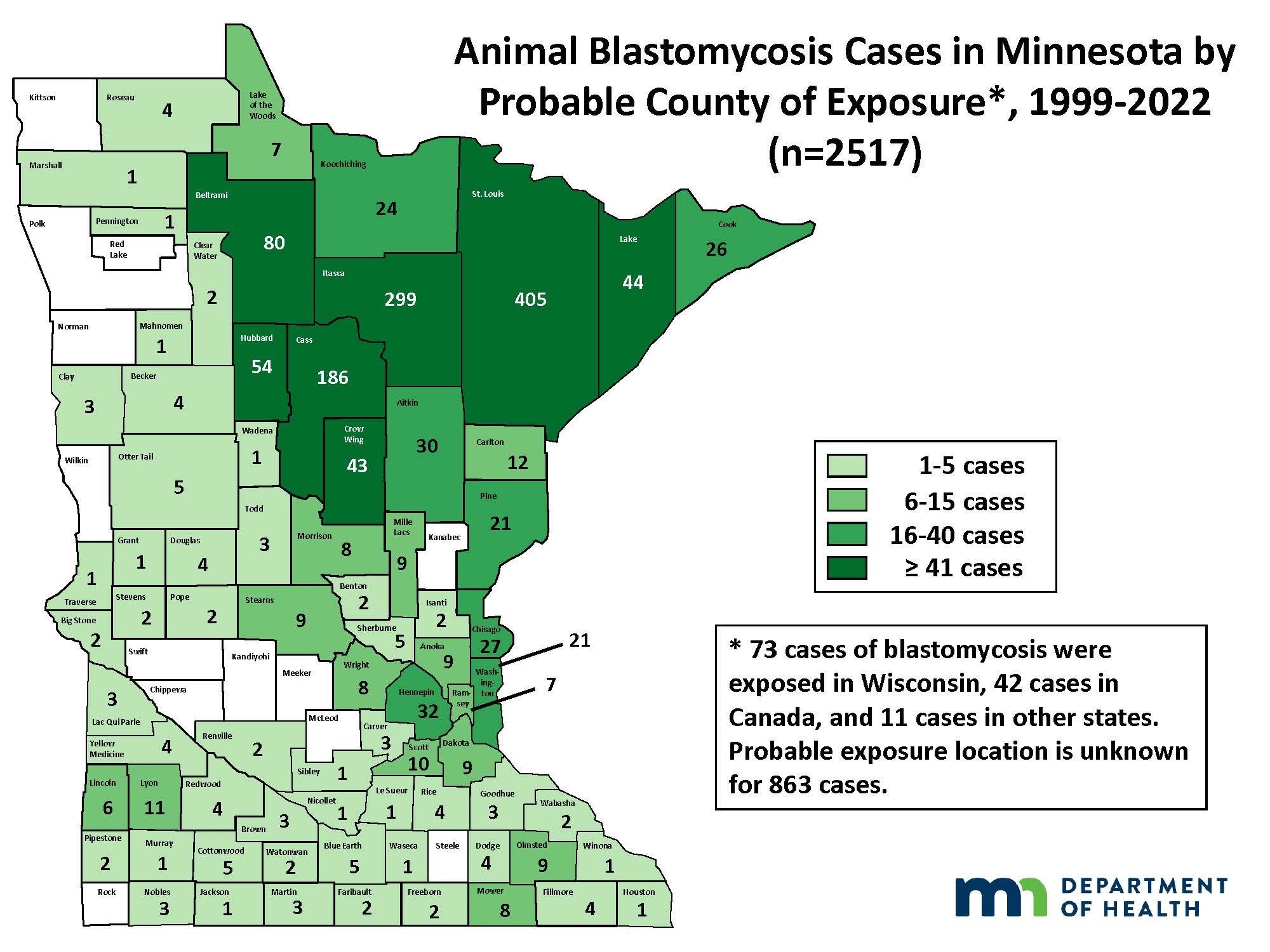 Map showing animal blastomycosis by county of exposure