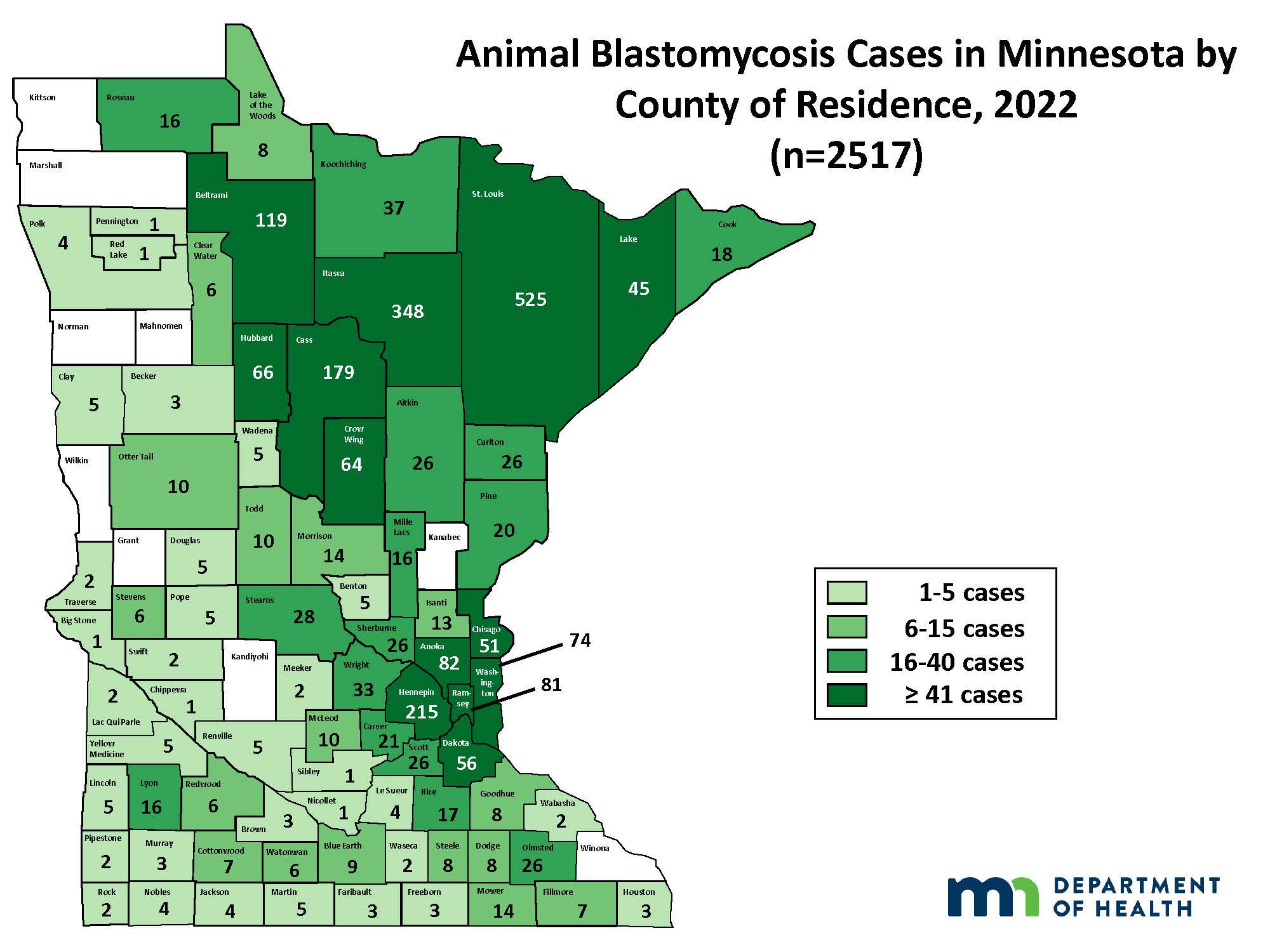 Map of Minnesota showing incidence of animal blastomycosis by county of residence