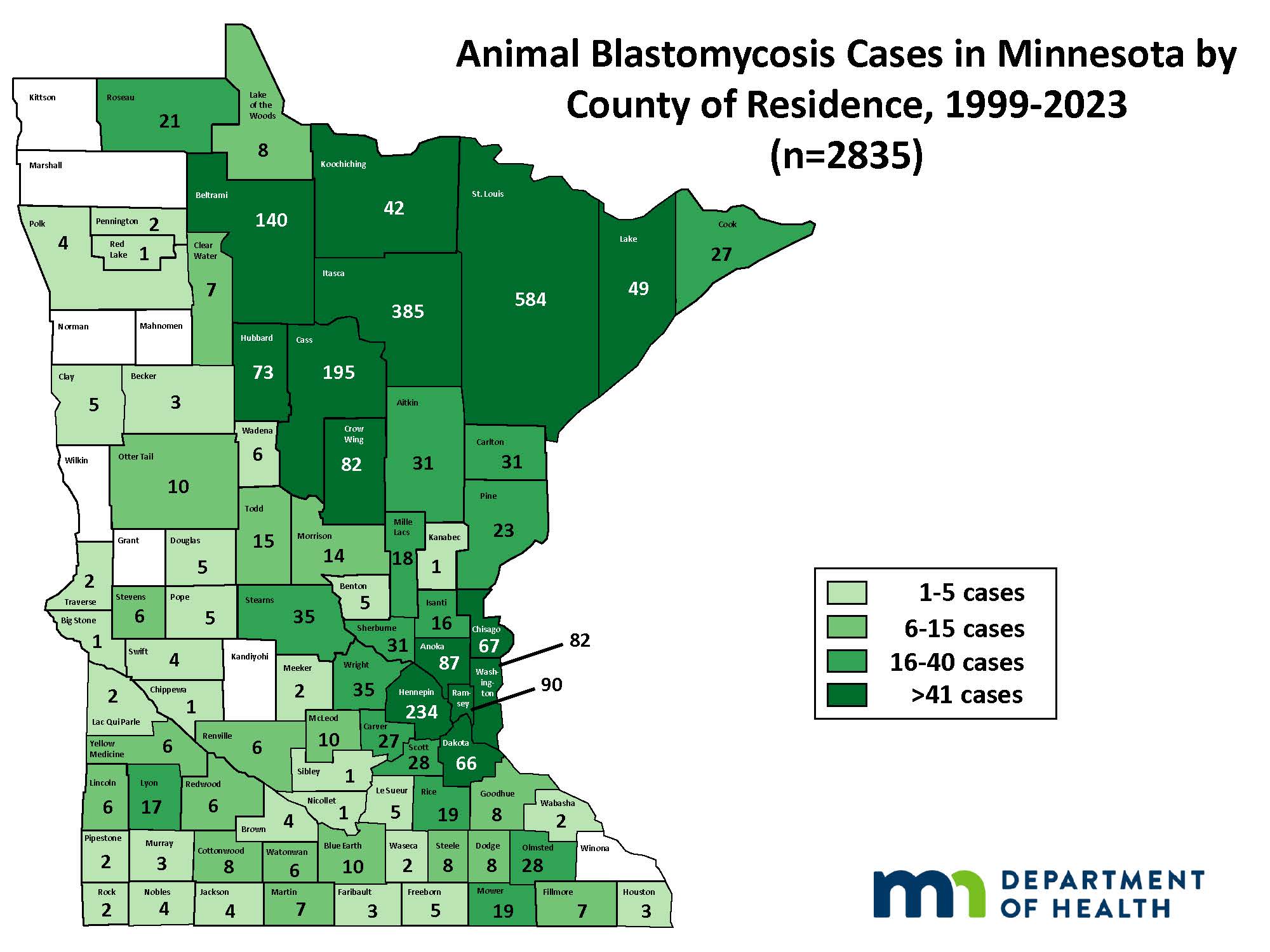 Map of Minnesota showing incidence of animal blastomycosis by county of residence