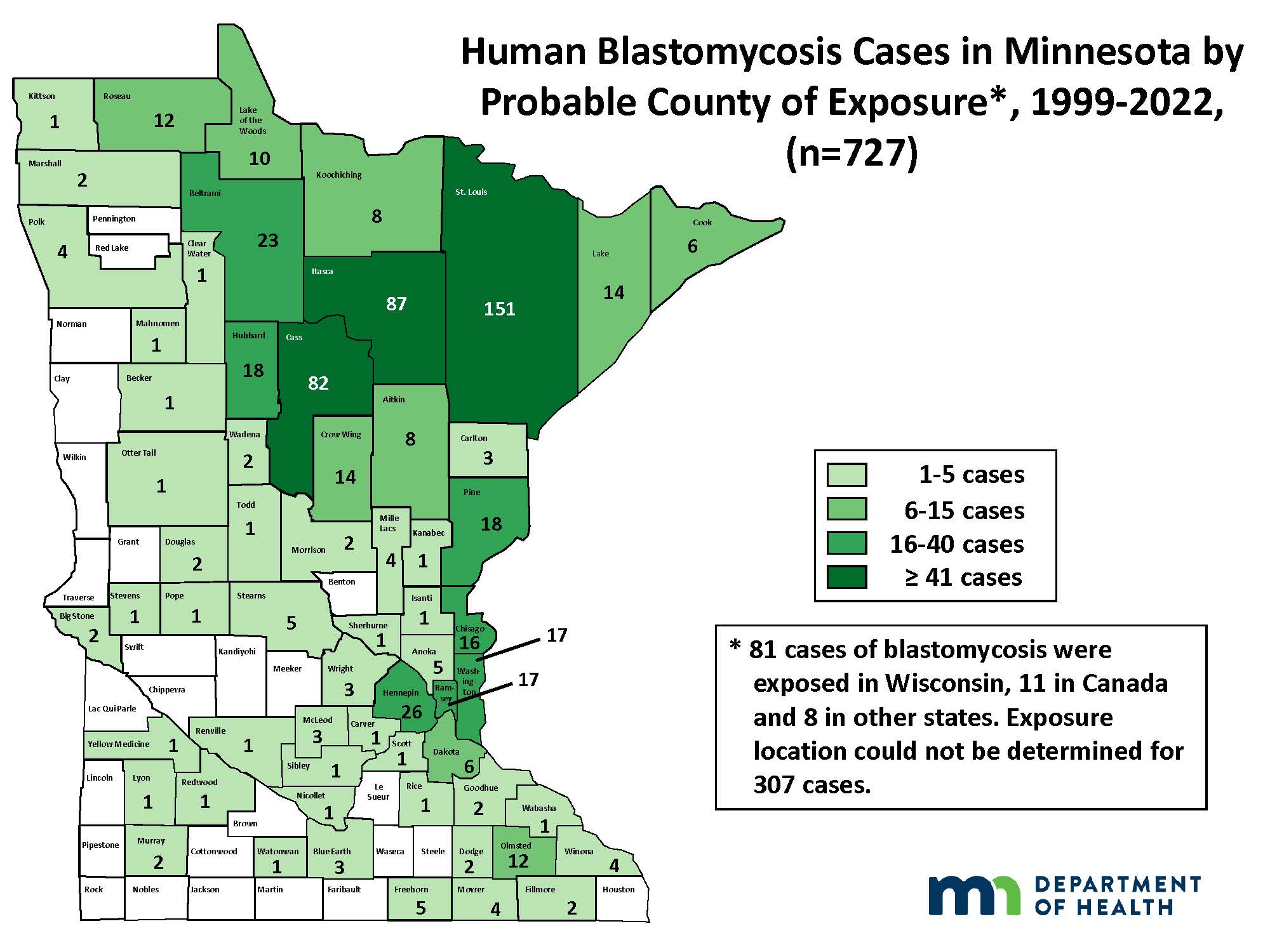 Map of human blastomycosis cases in Minnesota by county of exposure
