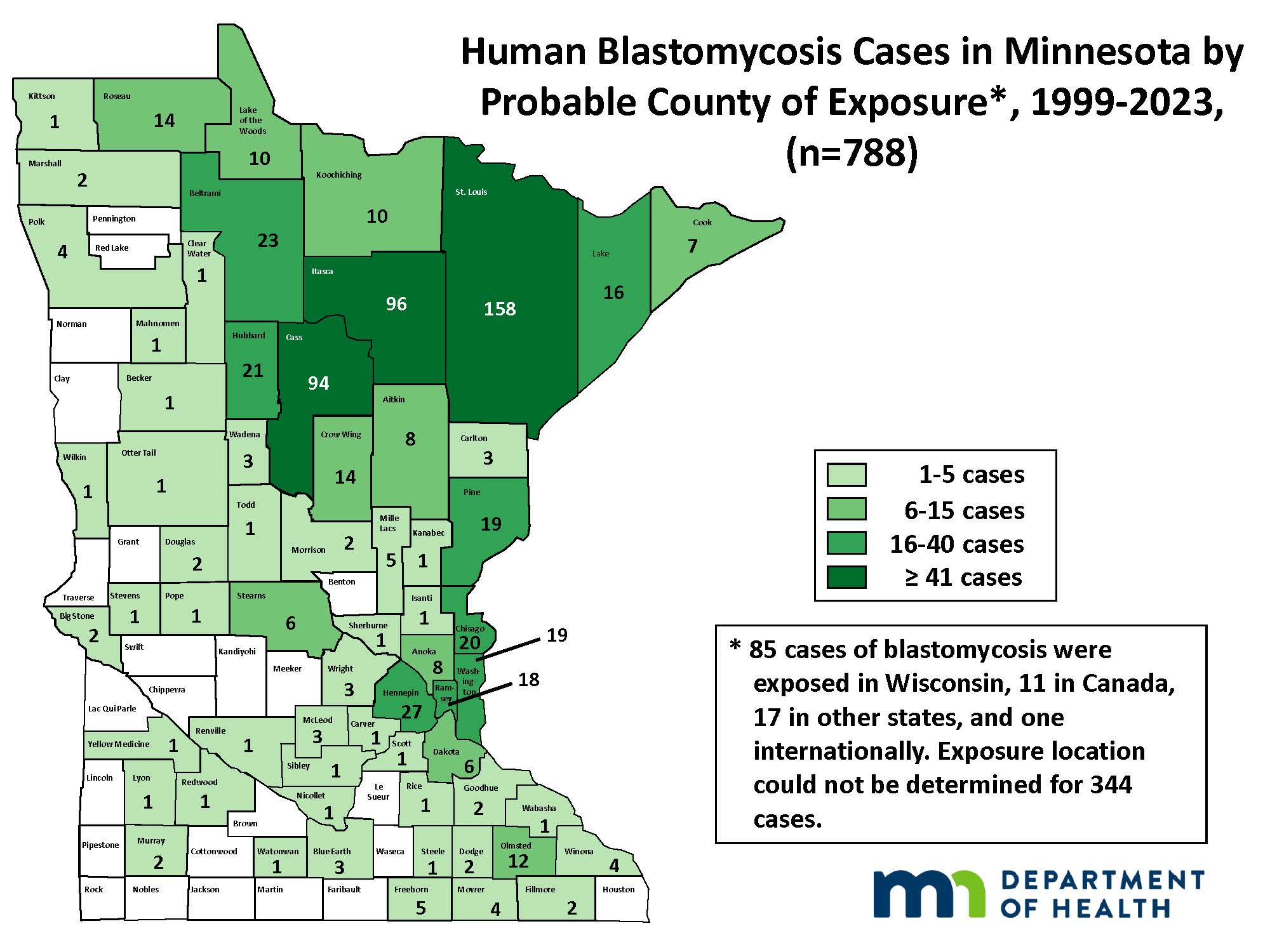 Map of human blastomycosis cases in Minnesota by county of exposure