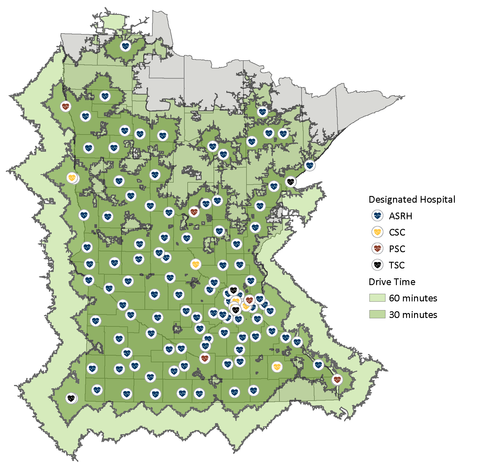 map of Minnesota showing distances to stroke hospitals