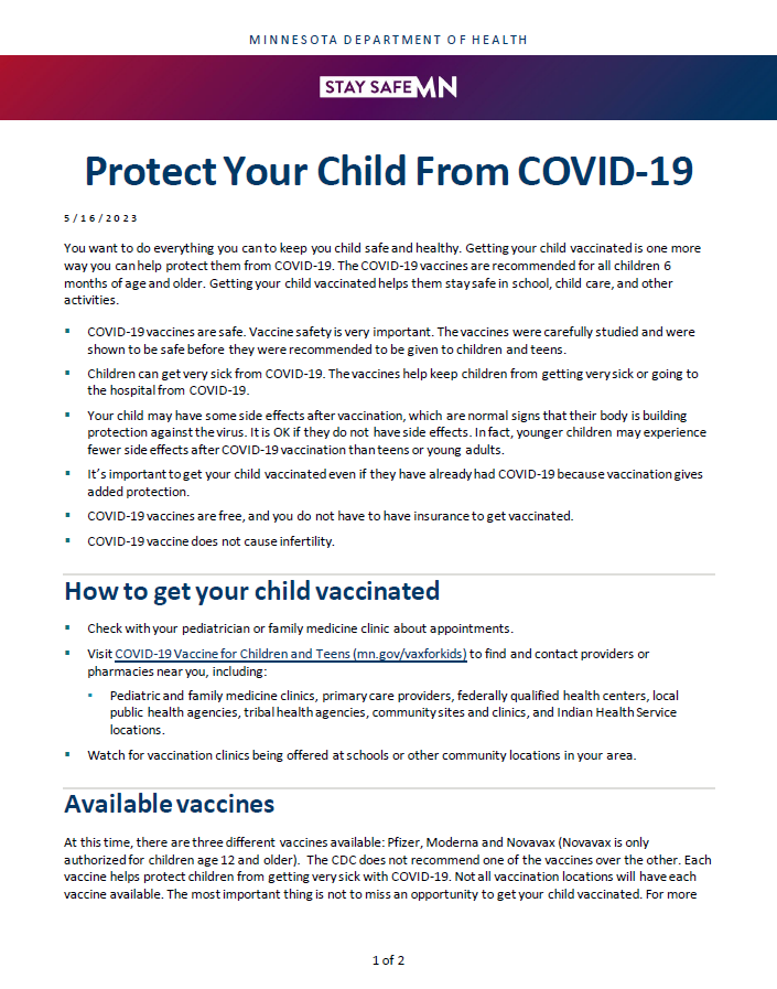 Protect Your Child from COVID-19 fact sheet