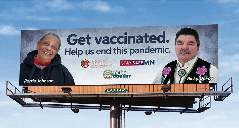 AICHO billboard: Get vaccinated. Help us end this pandemic.