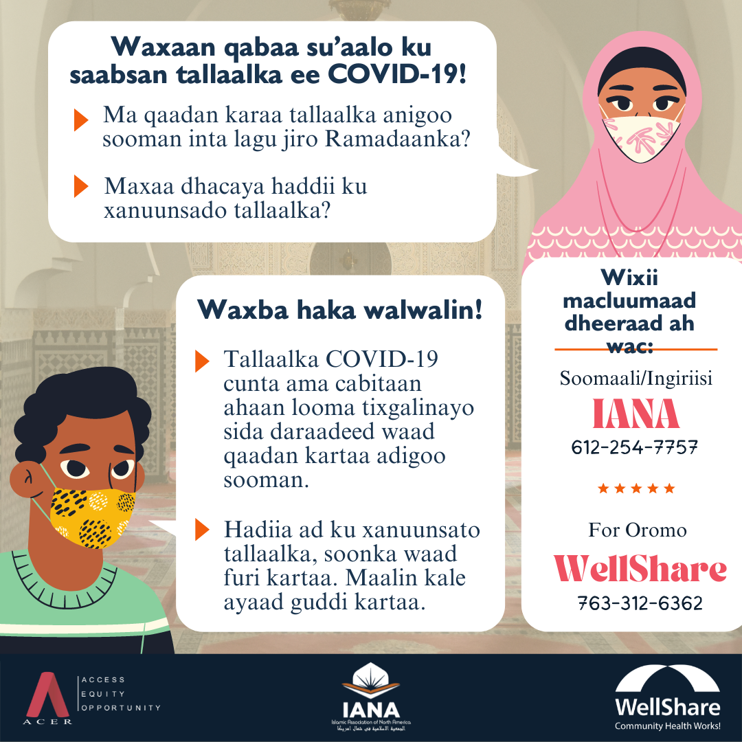 IANA and WellShare International Ramadan social media image highlighting COVID-19 vaccine in Somali