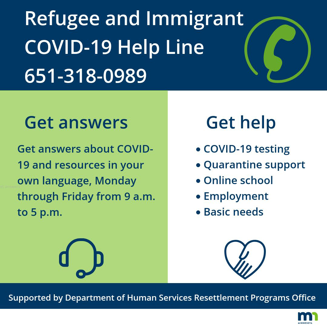 Refugee and immigrant COVID-19 help line image for social media, sized for Facebook
