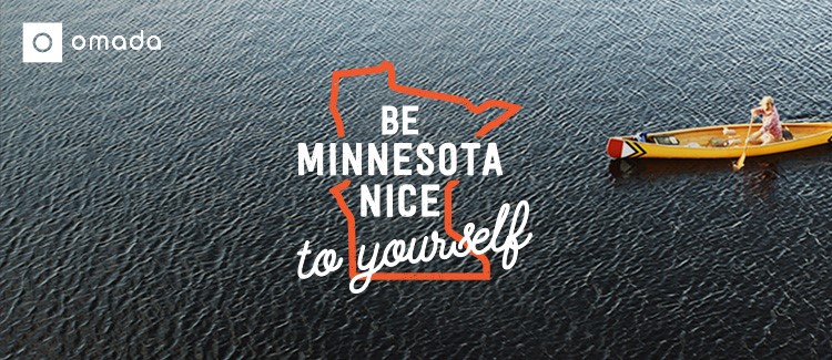 Middle-aged person canoing with the tagline 'Be Minnesota Nice to Yourself,' as part of the Omada Diabetes Prevention Program offered by SEGIP.