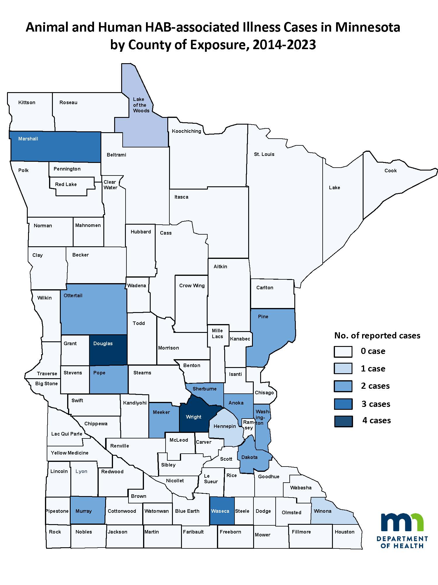 Animal and Human HAB-Associated Illness Cases in Minnesota by County of Exposure, 2014-2022