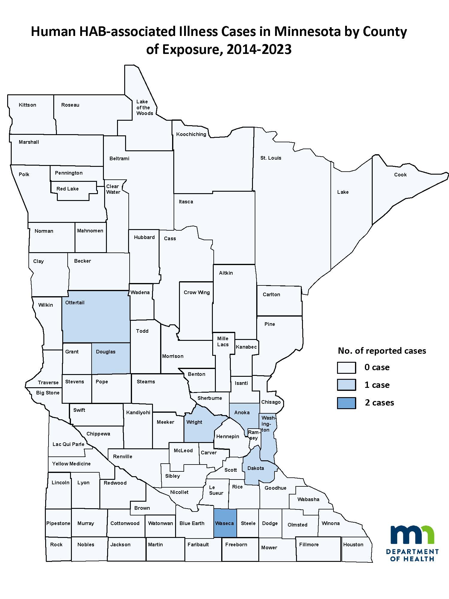 Human HAB-Associated Illness Cases in Minnesota by County of Exposure, 2014-2022